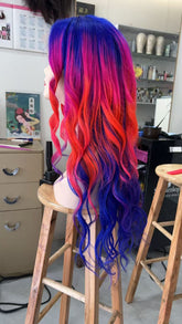 mix of royal blue, hot pink, and bright red 200% Density Straight Lace Front Wig
